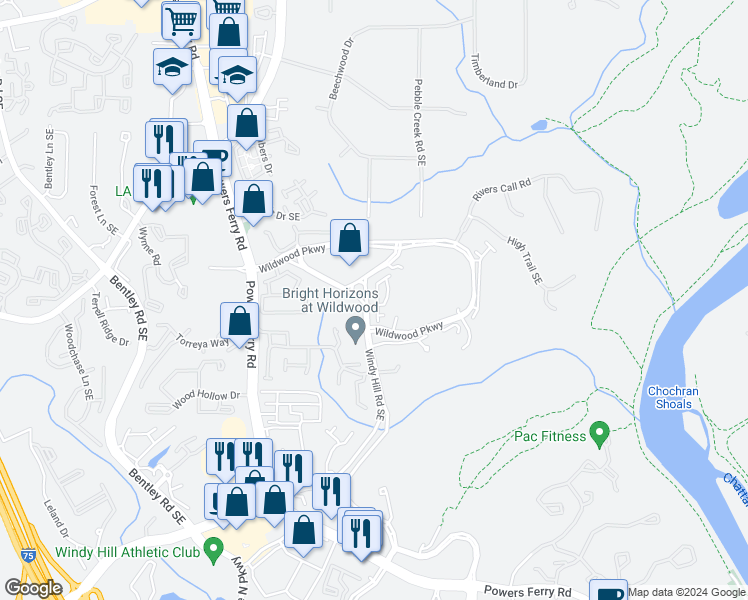 map of restaurants, bars, coffee shops, grocery stores, and more near 3205 Windy Hill Road Southeast in Atlanta