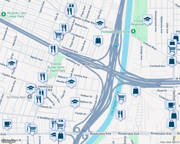 map of restaurants, bars, coffee shops, grocery stores, and more near 5419 Lavinia Avenue in Lynwood