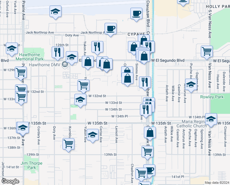 map of restaurants, bars, coffee shops, grocery stores, and more near 13113 Lemoli Avenue in Hawthorne