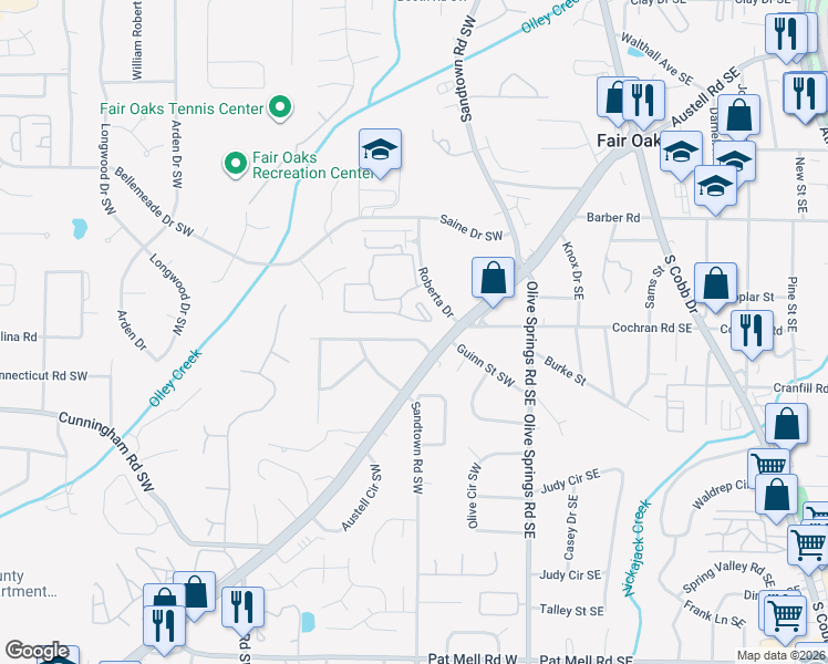 map of restaurants, bars, coffee shops, grocery stores, and more near 1600 Roberta Drive in Marietta