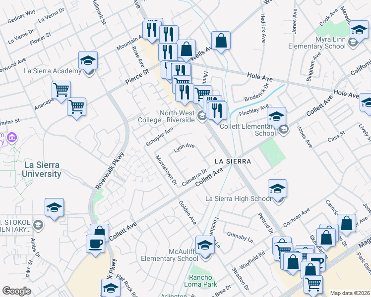 map of restaurants, bars, coffee shops, grocery stores, and more near 4496 Lyon Avenue in Riverside