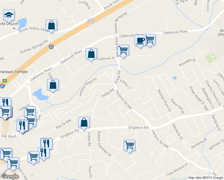 map of restaurants, bars, coffee shops, grocery stores, and more near 1635 Pirkle Road in Norcross