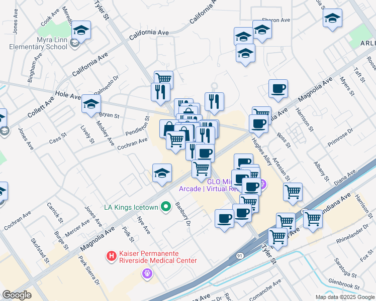 map of restaurants, bars, coffee shops, grocery stores, and more near 3868 Tyler Street in Riverside
