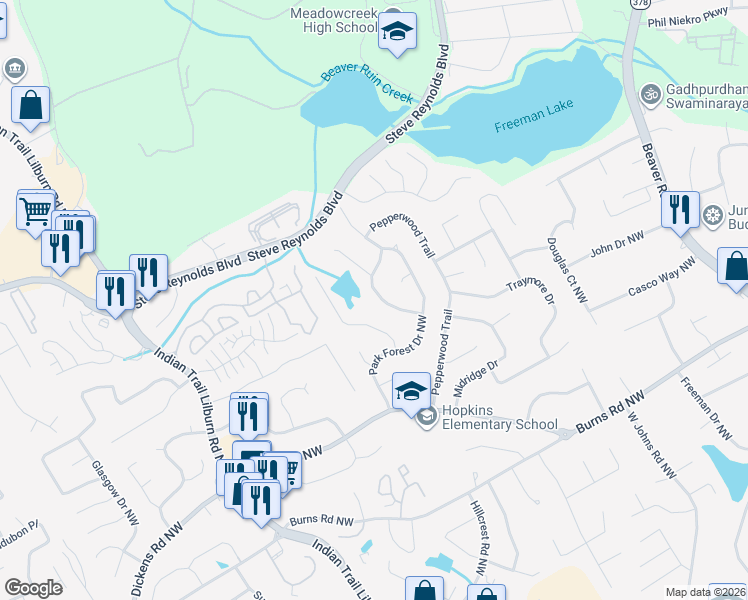 map of restaurants, bars, coffee shops, grocery stores, and more near 1026 Park Forest Trail Northwest in Lilburn