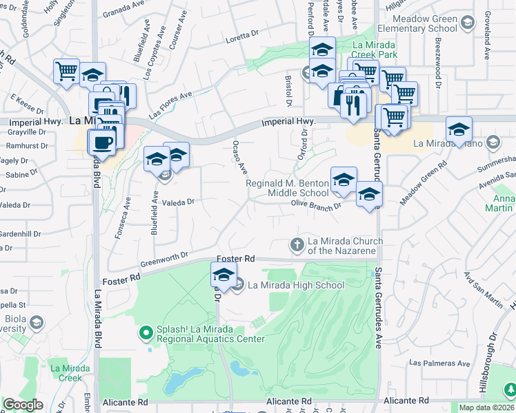 map of restaurants, bars, coffee shops, grocery stores, and more near 15420 Olive Branch Drive in La Mirada