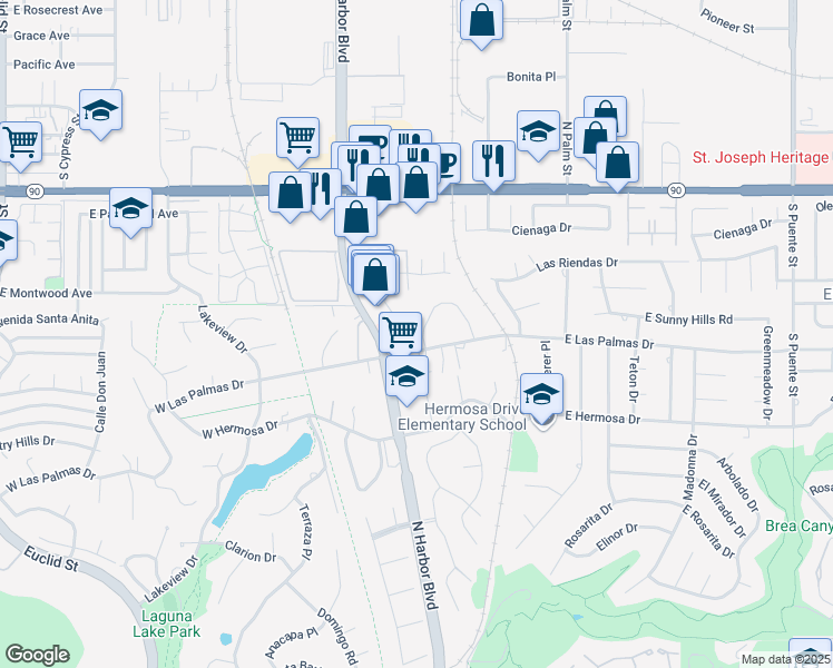 map of restaurants, bars, coffee shops, grocery stores, and more near 215 Altura Drive in Fullerton