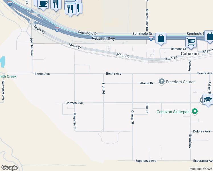 map of restaurants, bars, coffee shops, grocery stores, and more near Aloma Drive in Cabazon