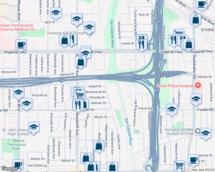 map of restaurants, bars, coffee shops, grocery stores, and more near 13008 Carfax Avenue in Downey