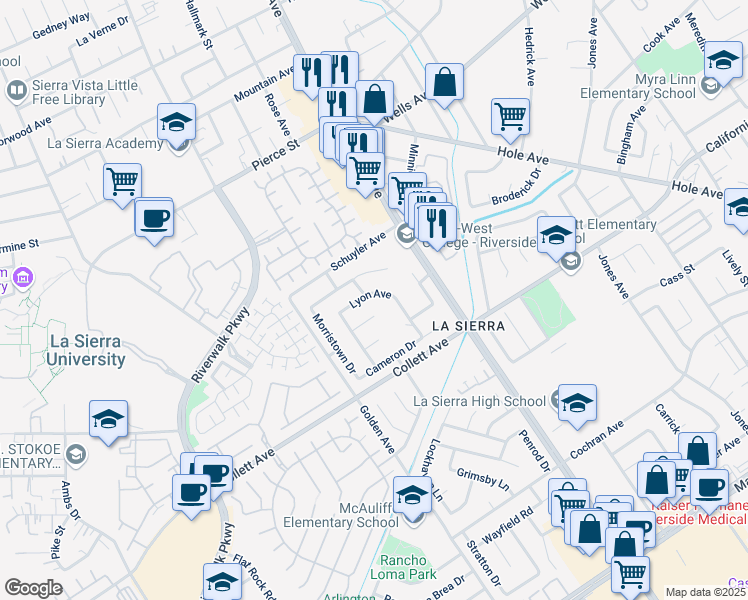 map of restaurants, bars, coffee shops, grocery stores, and more near 4496 Lyon Avenue in Riverside