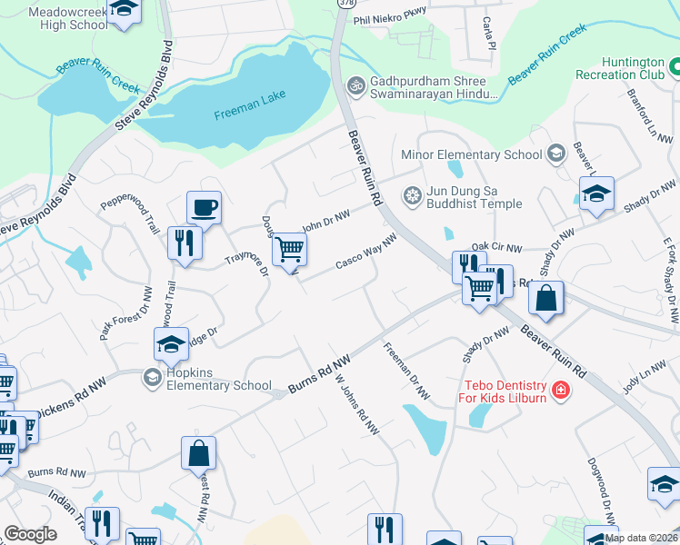 map of restaurants, bars, coffee shops, grocery stores, and more near 4476 Casco Way Northwest in Lilburn