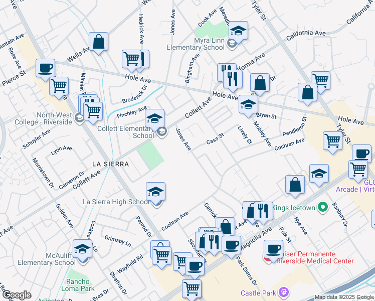 map of restaurants, bars, coffee shops, grocery stores, and more near 4160 Jones Avenue in Riverside