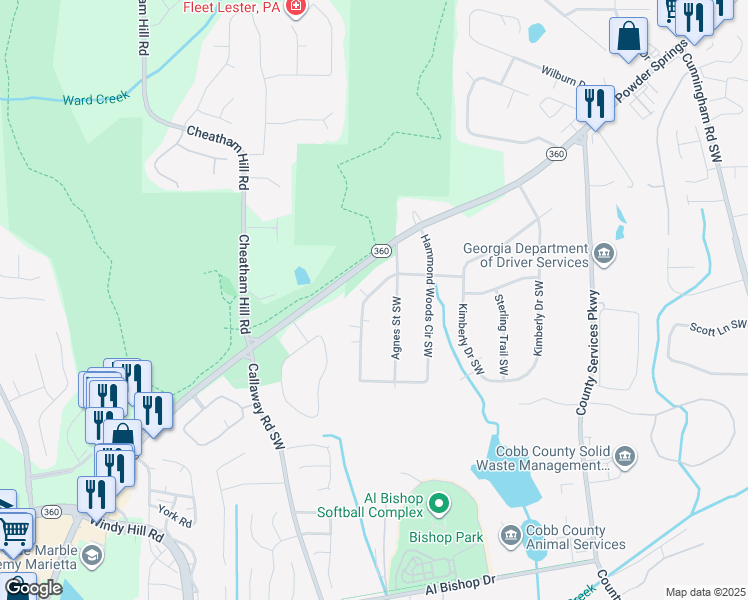map of restaurants, bars, coffee shops, grocery stores, and more near 1800 Hammond Woods Circle Southwest in Marietta