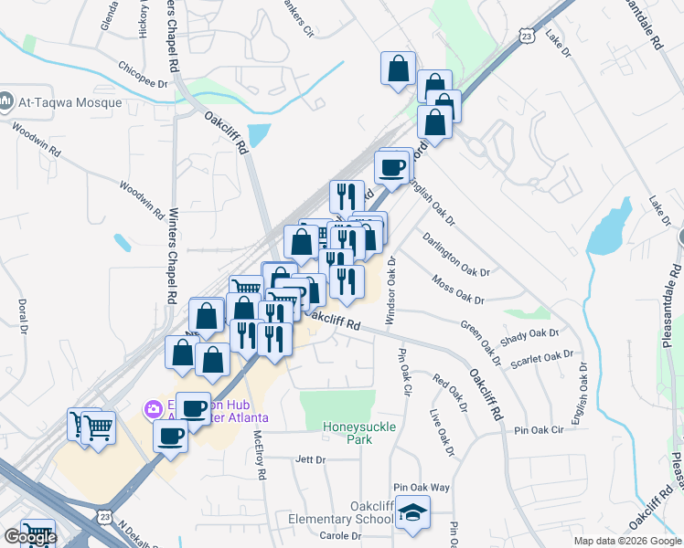 map of restaurants, bars, coffee shops, grocery stores, and more near 5962 Buford Highway Northeast in Atlanta