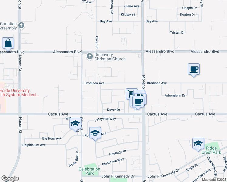 map of restaurants, bars, coffee shops, grocery stores, and more near 27745 Brodiaea Avenue in Moreno Valley