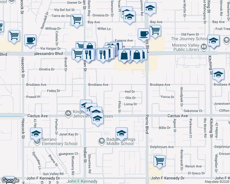 map of restaurants, bars, coffee shops, grocery stores, and more near 24733 Brodiaea Avenue in Moreno Valley