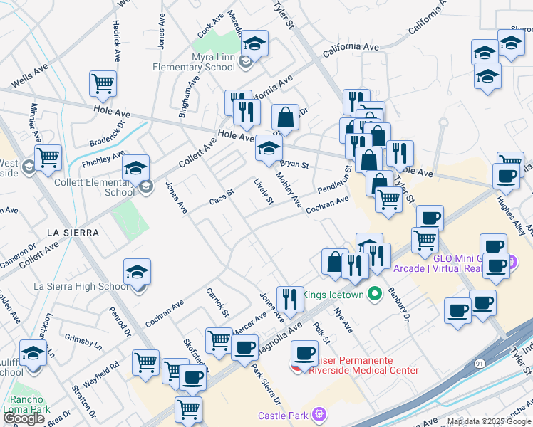 map of restaurants, bars, coffee shops, grocery stores, and more near 4051 Lively Street in Riverside