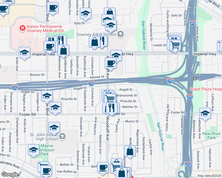map of restaurants, bars, coffee shops, grocery stores, and more near 13006 Angell Street in Downey