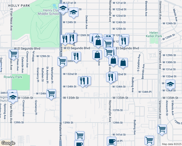 map of restaurants, bars, coffee shops, grocery stores, and more near 1531 W 132nd St in Gardena