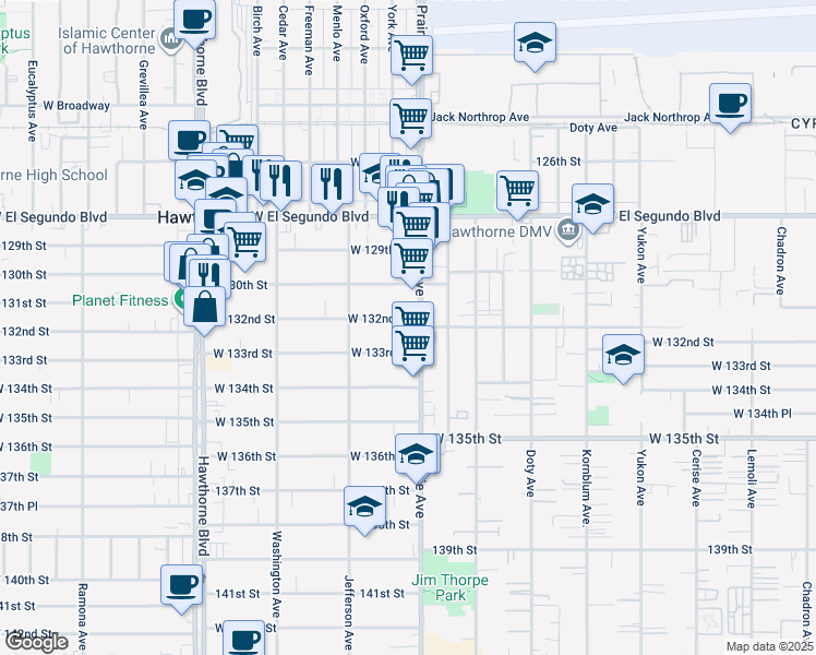 map of restaurants, bars, coffee shops, grocery stores, and more near 13108 Prairie Avenue in Hawthorne