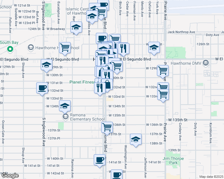 map of restaurants, bars, coffee shops, grocery stores, and more near in Hawthorne