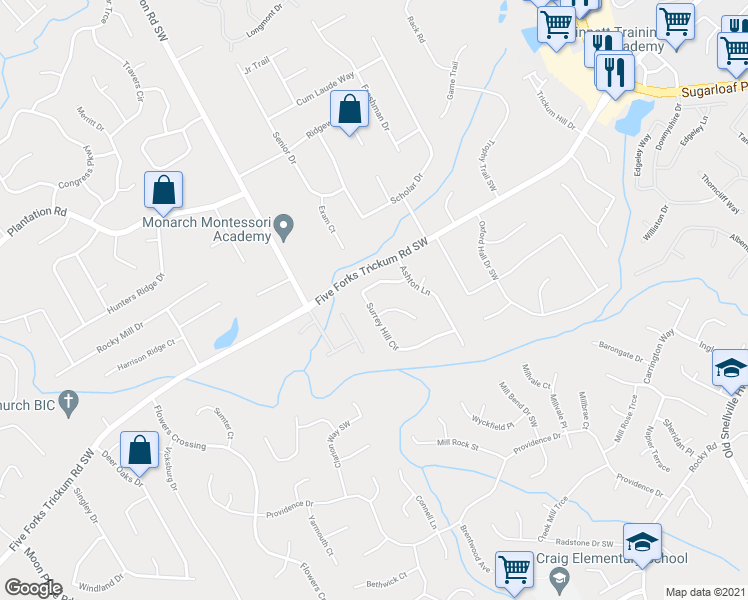 map of restaurants, bars, coffee shops, grocery stores, and more near 1731 Surrey Hill Circle in Lawrenceville