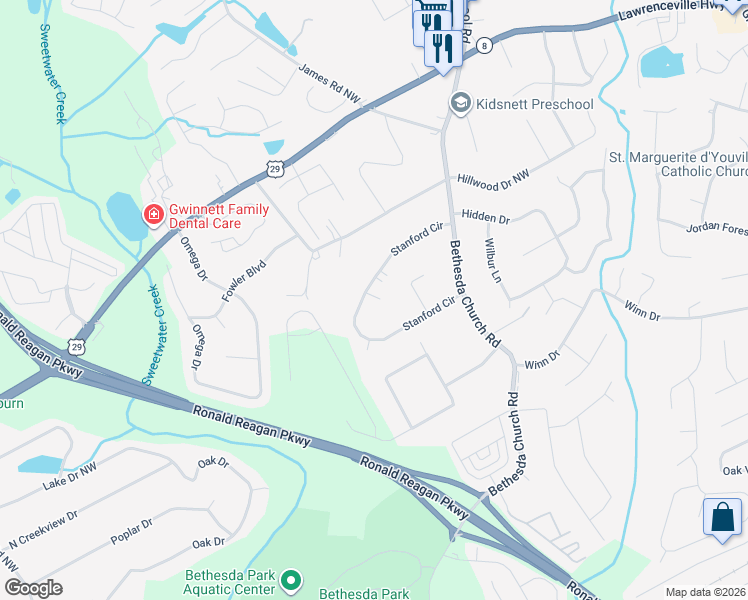 map of restaurants, bars, coffee shops, grocery stores, and more near 3237 Stanford Drive Northwest in Lawrenceville