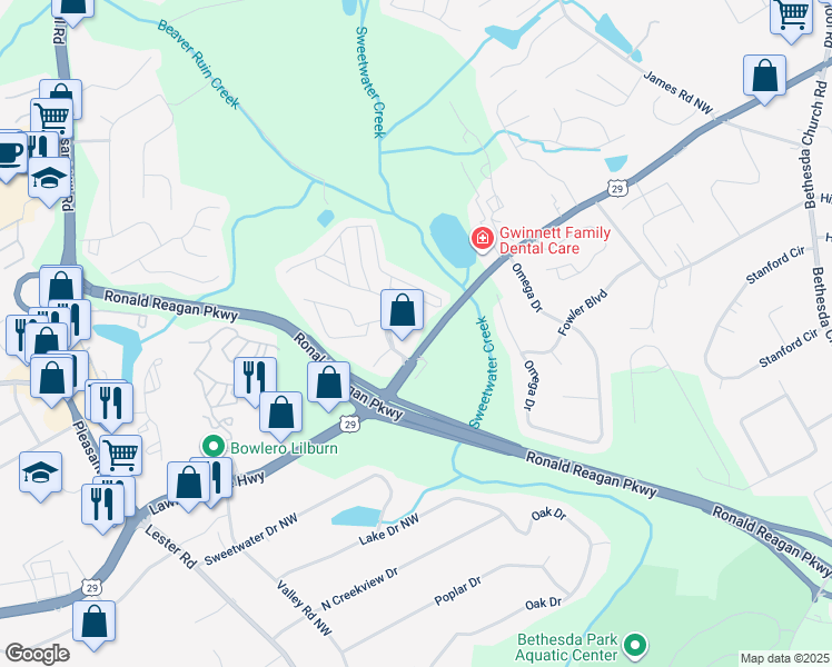 map of restaurants, bars, coffee shops, grocery stores, and more near 3545 Lawrenceville Highway in Lawrenceville