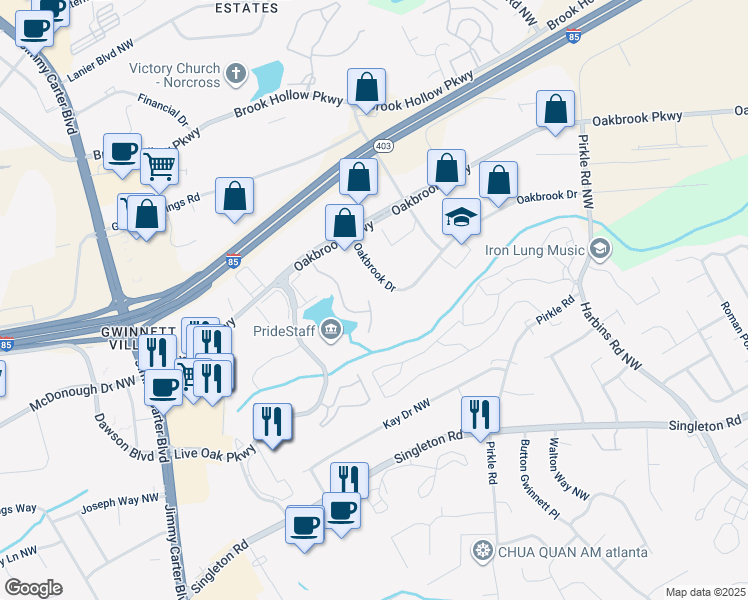 map of restaurants, bars, coffee shops, grocery stores, and more near 5872 Oakbrook Lake Court in Norcross