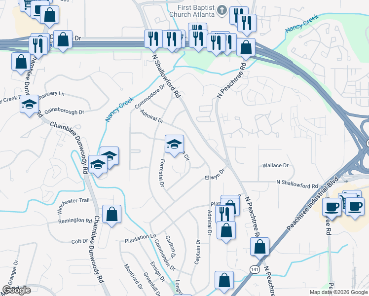map of restaurants, bars, coffee shops, grocery stores, and more near 2157 Seaman Circle in Atlanta