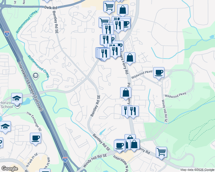 map of restaurants, bars, coffee shops, grocery stores, and more near 1008 Wynnes Ridge Circle in Marietta
