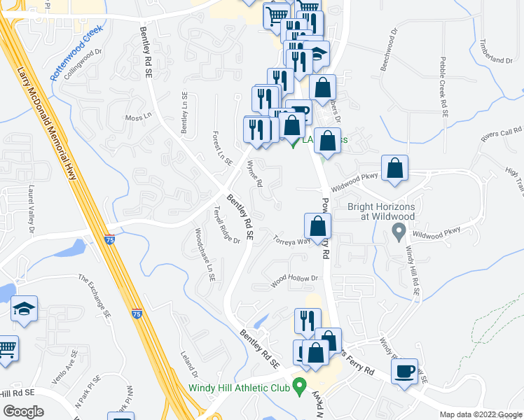 map of restaurants, bars, coffee shops, grocery stores, and more near 102 Wynnes Ridge Circle in Marietta