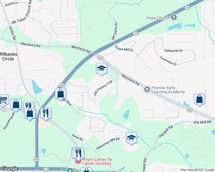 map of restaurants, bars, coffee shops, grocery stores, and more near 381 Spring View Court in Dallas