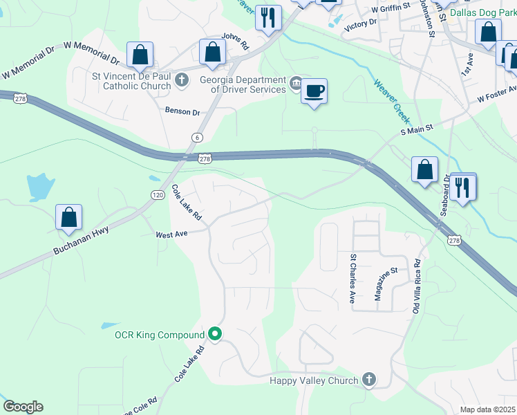 map of restaurants, bars, coffee shops, grocery stores, and more near 102 West Bridge Drive in Dallas