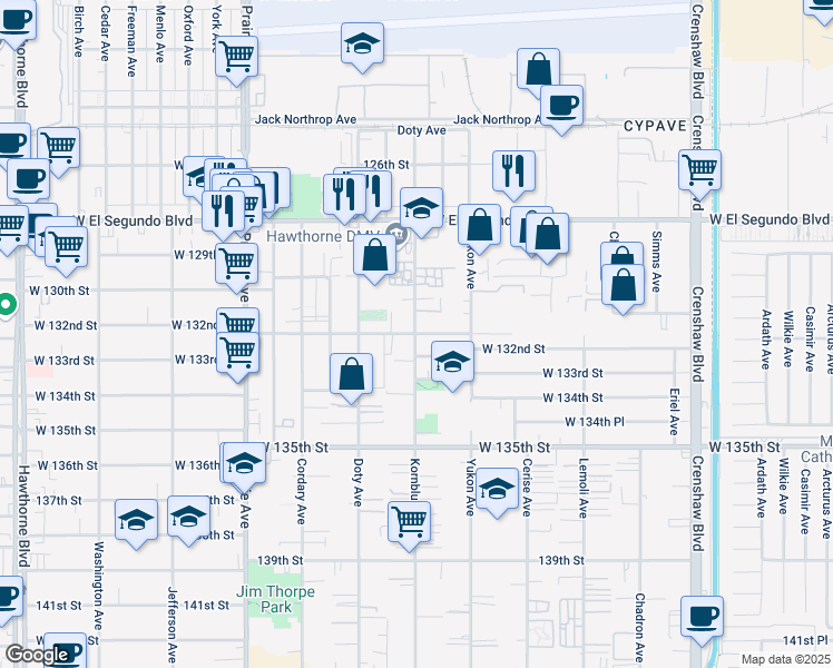 map of restaurants, bars, coffee shops, grocery stores, and more near W 132nd St & Kornblum Ave in Hawthorne