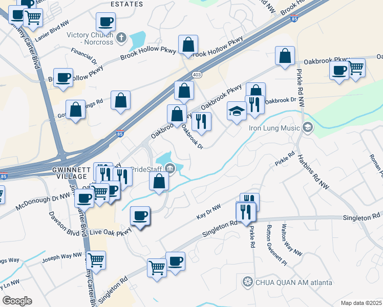 map of restaurants, bars, coffee shops, grocery stores, and more near 5872 Oakbrook Lake Court in Norcross