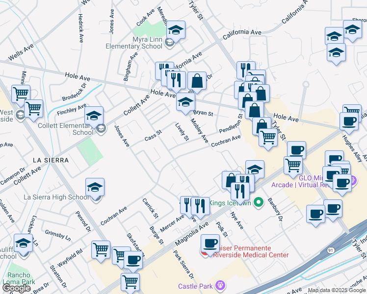 map of restaurants, bars, coffee shops, grocery stores, and more near 4051 Lively Street in Riverside