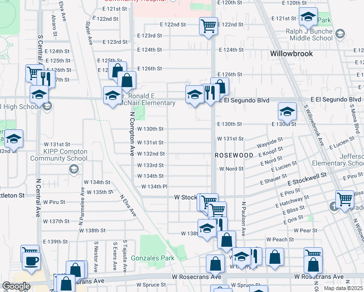 map of restaurants, bars, coffee shops, grocery stores, and more near 916 West 131st Street in Compton