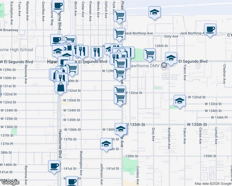 map of restaurants, bars, coffee shops, grocery stores, and more near 4032 West 132nd Street in Hawthorne