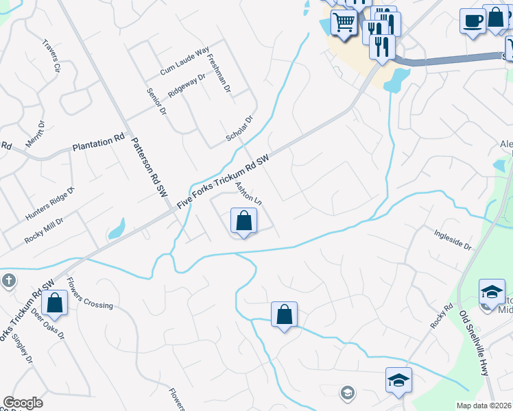 map of restaurants, bars, coffee shops, grocery stores, and more near 681 Ashton Lane in Lawrenceville