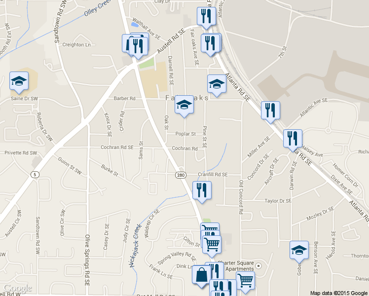 map of restaurants, bars, coffee shops, grocery stores, and more near Cochran Road in Fair Oaks