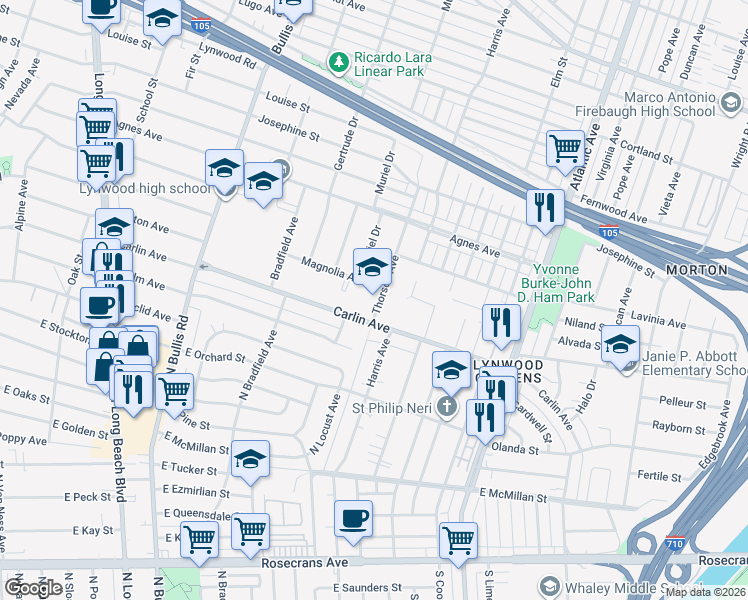 map of restaurants, bars, coffee shops, grocery stores, and more near 12315 Thorson Avenue in Lynwood