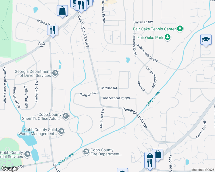 map of restaurants, bars, coffee shops, grocery stores, and more near 691 Crosswinds Circle in Marietta