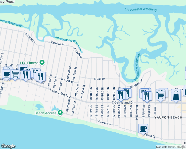 map of restaurants, bars, coffee shops, grocery stores, and more near 208 Northeast 74th Street in Oak Island