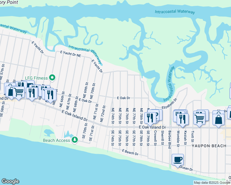 map of restaurants, bars, coffee shops, grocery stores, and more near 208 Northeast 74th Street in Oak Island