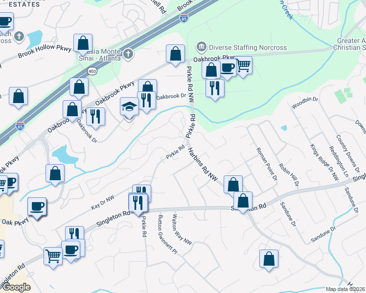 map of restaurants, bars, coffee shops, grocery stores, and more near 1602 Pirkle Road in Norcross