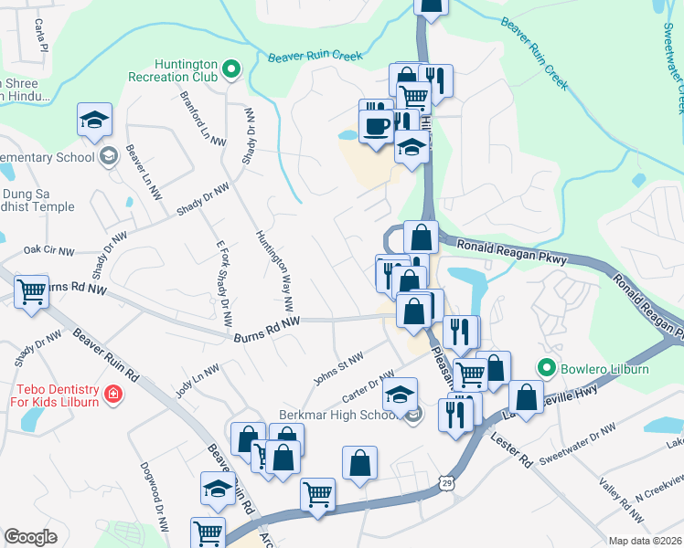 map of restaurants, bars, coffee shops, grocery stores, and more near 619 Burnt Creek Drive Northwest in Lilburn