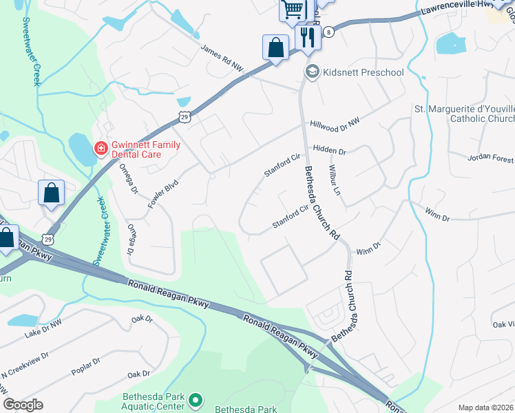 map of restaurants, bars, coffee shops, grocery stores, and more near 3237 Stanford Drive Northwest in Lawrenceville