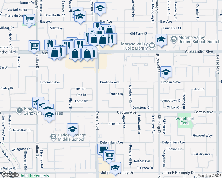 map of restaurants, bars, coffee shops, grocery stores, and more near 14310 Palmea Street in Moreno Valley