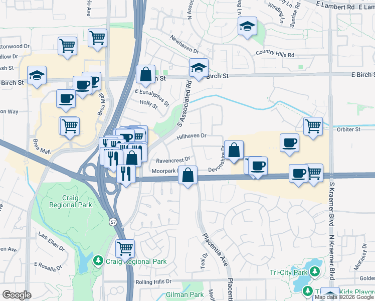 map of restaurants, bars, coffee shops, grocery stores, and more near 1934 Westmoreland Drive in Brea