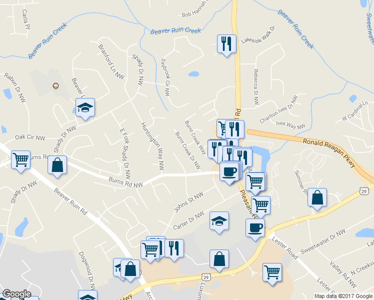 map of restaurants, bars, coffee shops, grocery stores, and more near 626 Burnt Creek Drive Northwest in Lilburn